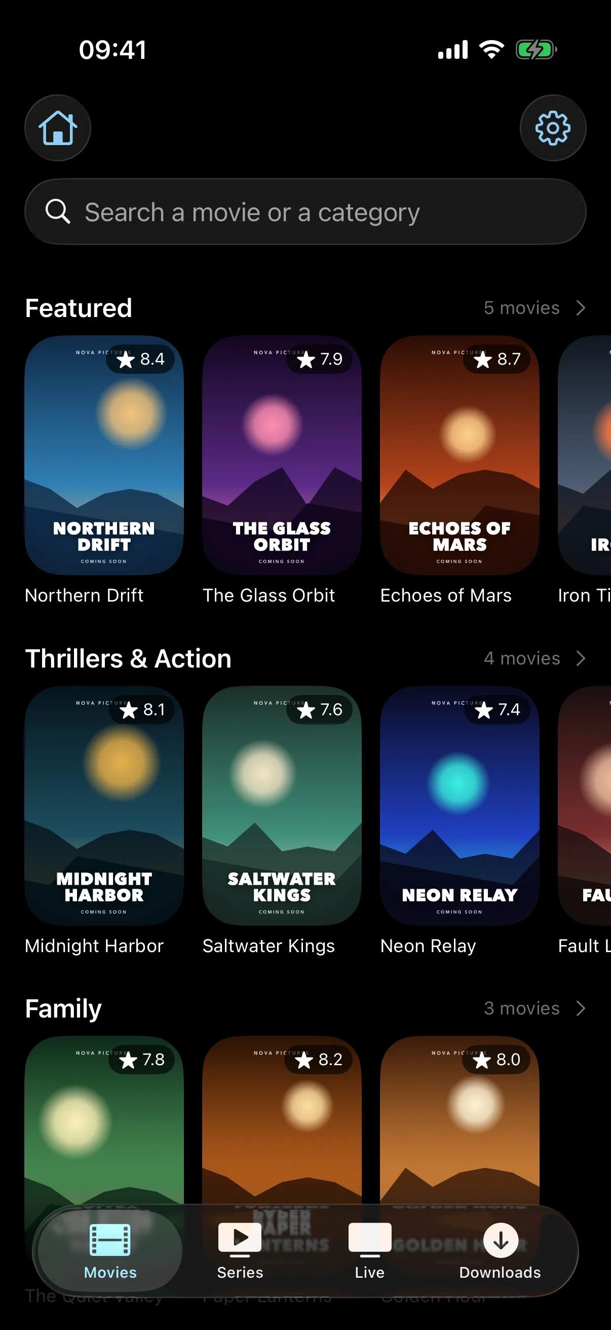 EDGE IPTV home screen on iPhone, showing the live TV, movies and series catalogue
