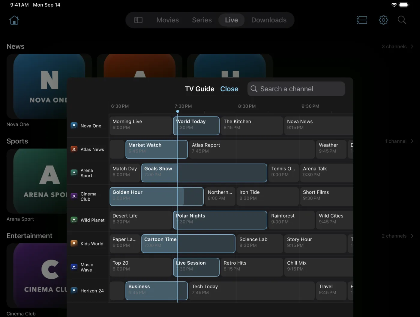 The EDGE IPTV guide on iPad, showing nine channels and four hours of programming at once