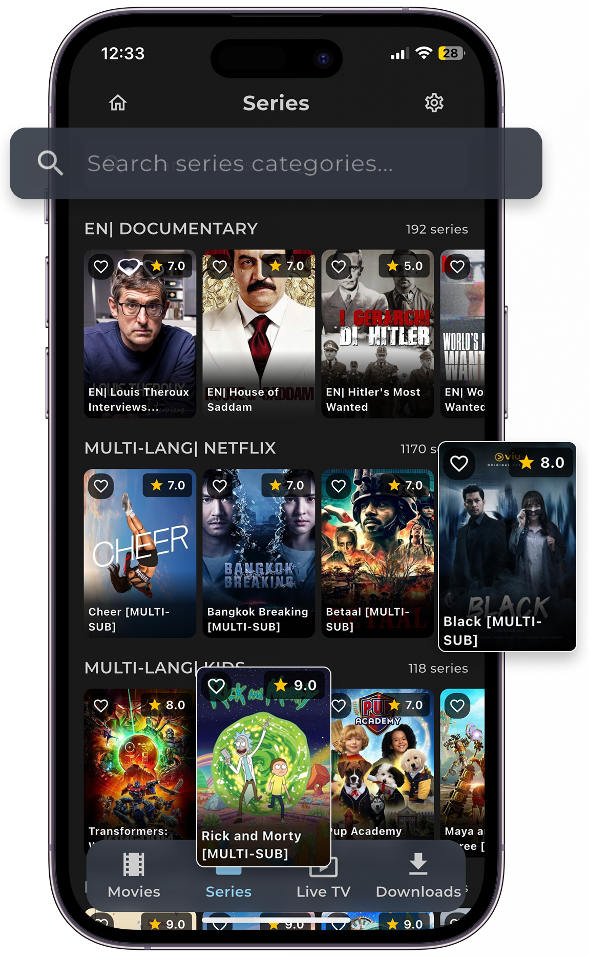 EDGE IPTV app interface showing series selection on iPhone