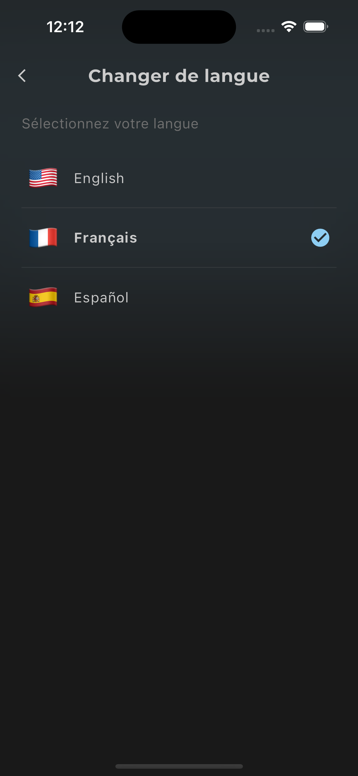 Interface de sélection de la langue dans Edge IPTV avec options français, anglais, espagnol, portugais et turc