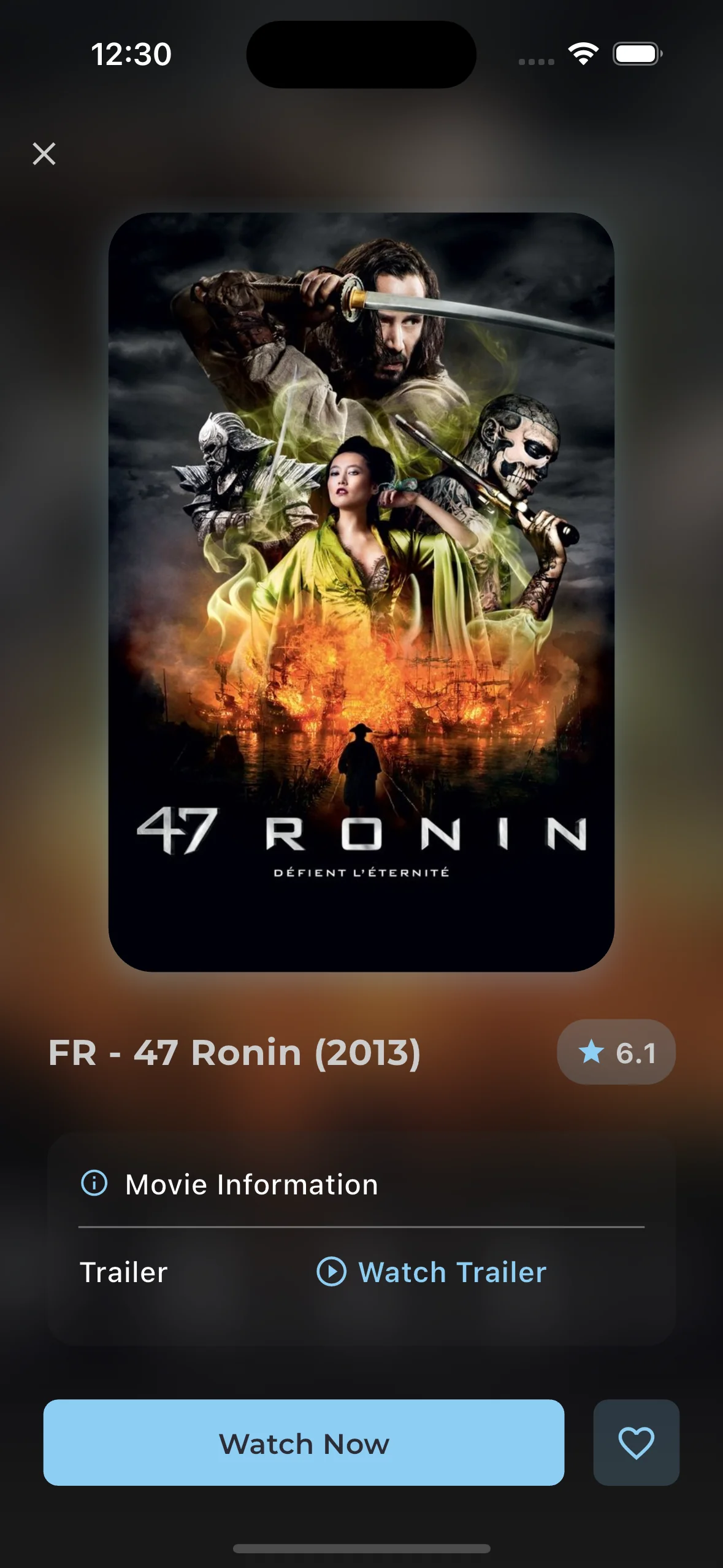 EDGE IPTV movie details page showing 4K quality badge, synopsis, cast information, trailer preview and download button on iPhone