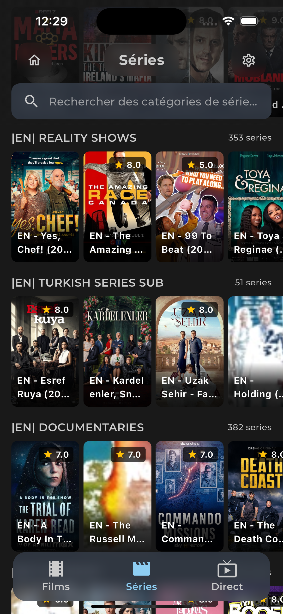 Catalogue des séries TV dans Edge IPTV avec présentation des épisodes disponibles